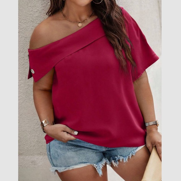 Luxe plus size cream asymmetrical neck blouse - Picture 5 of 11